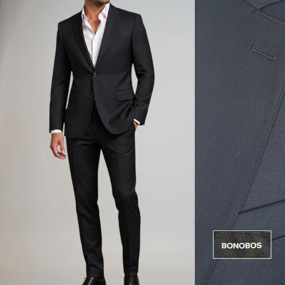 Bonobos Jetsetter Black Suit 36R 29x30 Standard Fit Wool Stretch NWOT